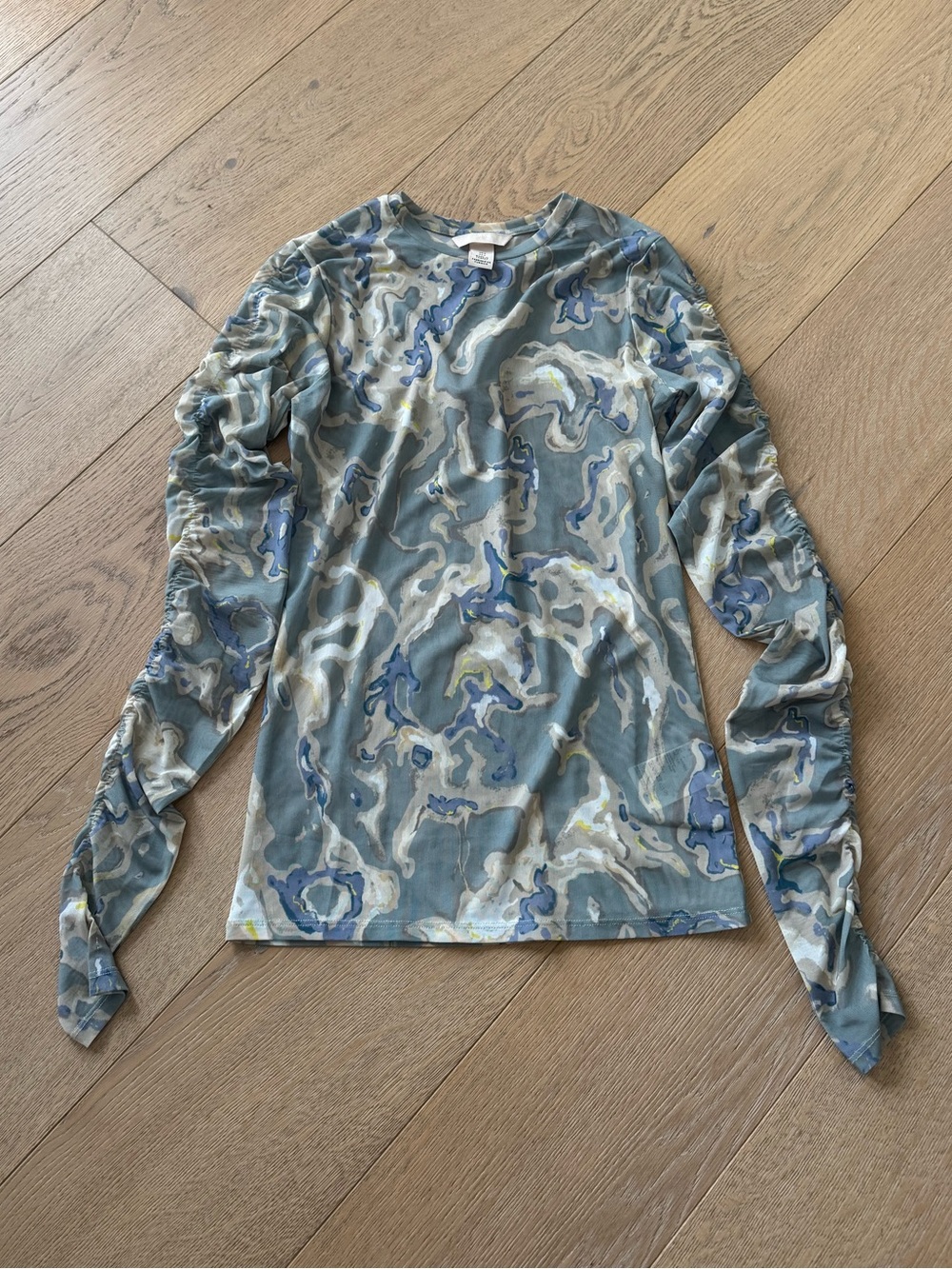 H&M Mesh Marble Sheer Ruched Sleeve Top Size Small